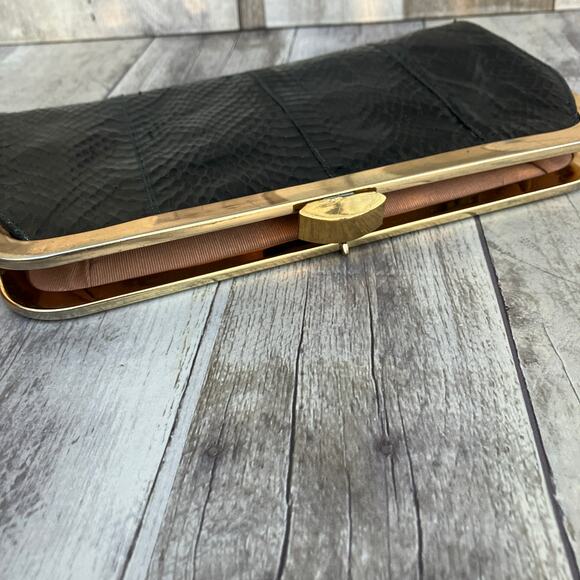 VTG Shirl Miller Purse Clutch Black Gold Framed Reptile Snake Glam Retro Boho - Picture 9 of 11